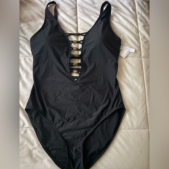 Bleu Rod Beattie Other - Black One-Piece Swimsuit with Decorative Front Straps